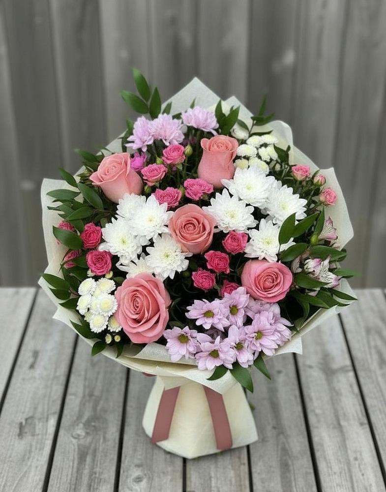Букет цветов из: Альстромерии, Гвоздики, Розы и Хризантемы в Неклюдово Нижегородская область
