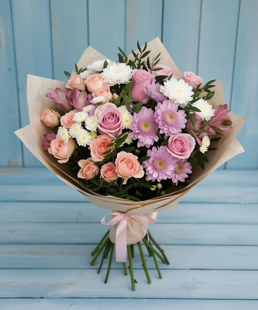 Букет цветов из: Хризантемы, Розы и Альстромерии в Неклюдово Нижегородская область