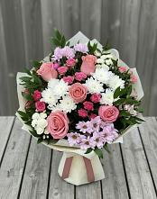 Букет цветов из:  Альстромерии, Гвоздики, Розы и Хризантемы в Неклюдово Нижегородская область