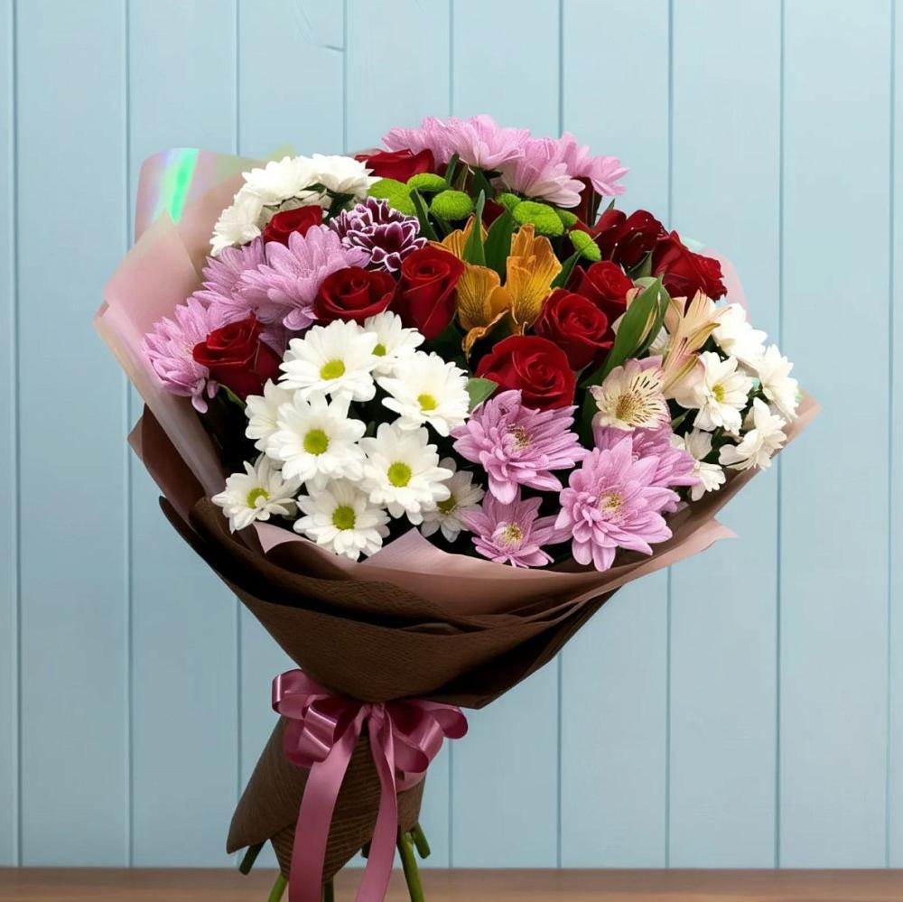 Букет цветов из: Розы, Хризантемы и Альстромерии в Неклюдово Нижегородская область
