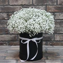 Цветочная композиция из Гипсофила в шляпной коробке в Неклюдово Нижегородская область