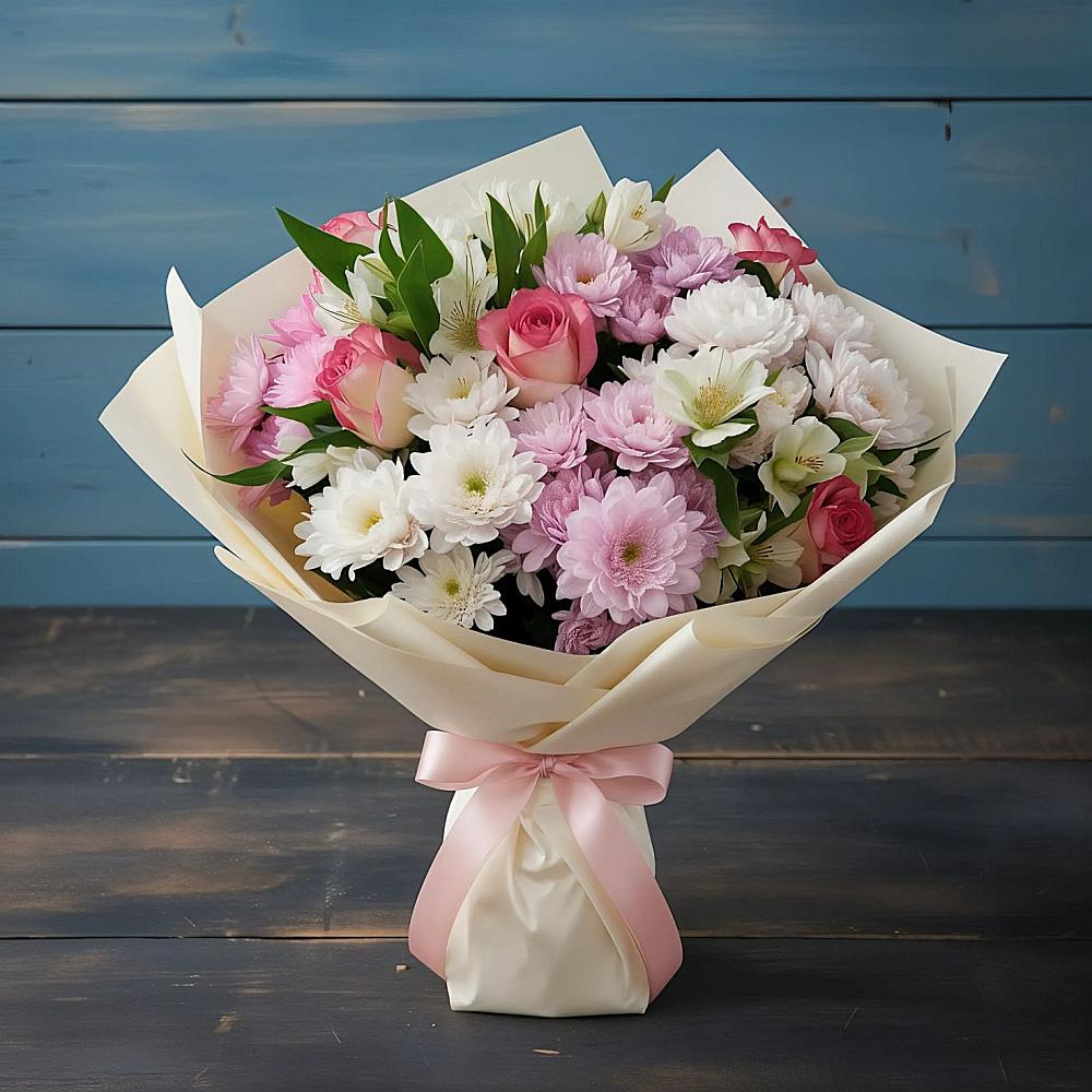 Букет цветов из: Хризантемы, Альстромерии и Розы в Неклюдово Нижегородская область